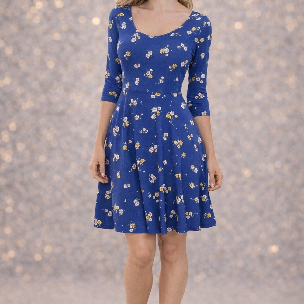 Old Navy Blue Floral Long Sleeve Fit-and-Flare Dress